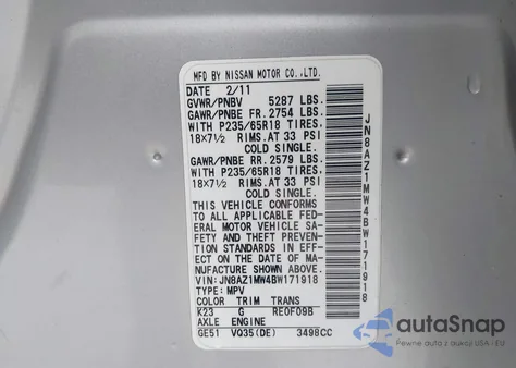 2011 Nissan Murano Sv из США, поврежденный, VIN JN8AZ1MW4BW171918